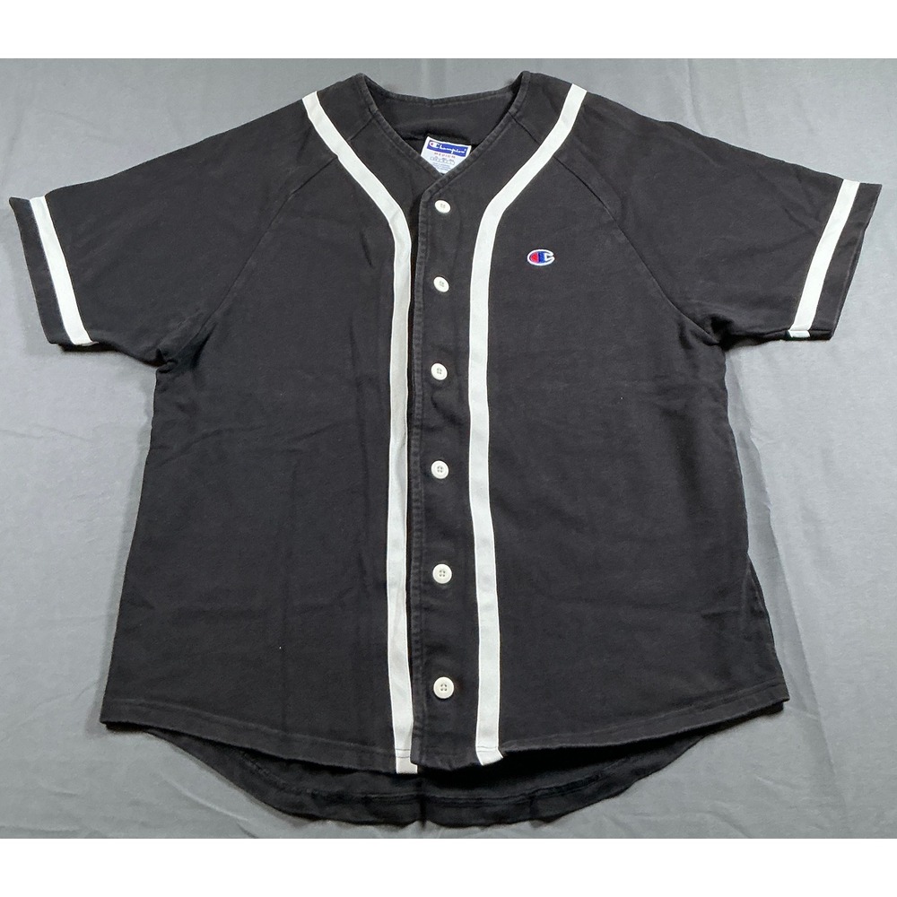 Champion Mens Black White Baseball Jersey Button Up Shirt Medium Sporty Logo